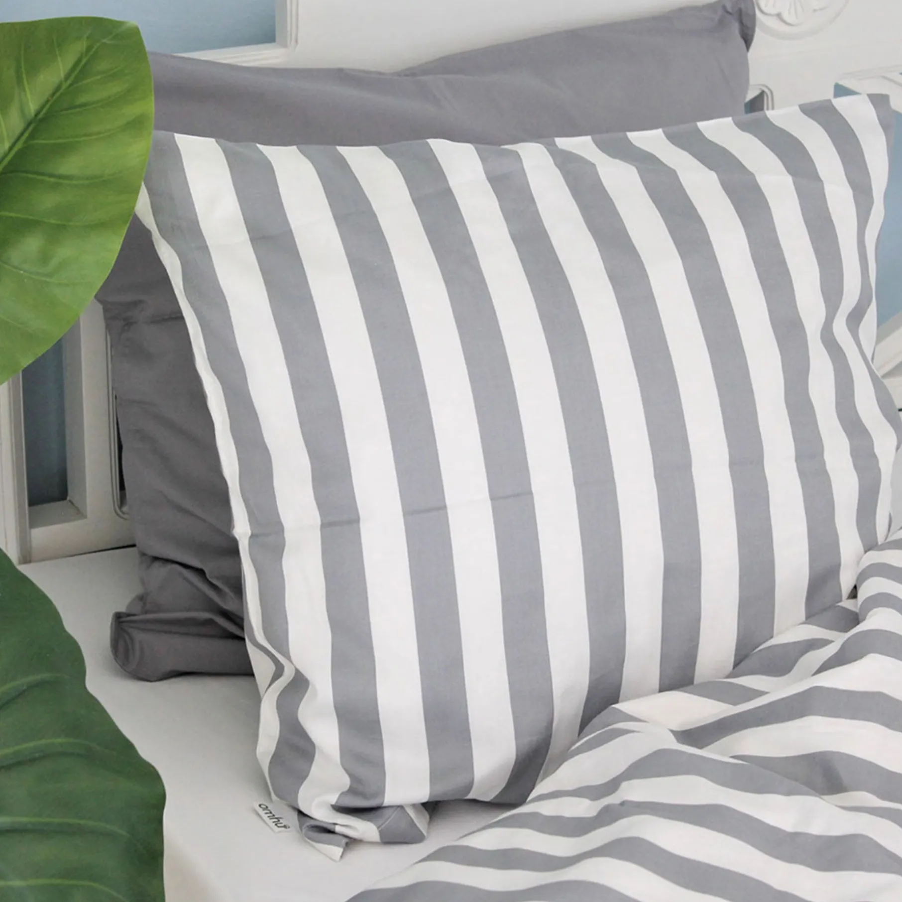 Blok strib sengetøj 140x220 cm grå